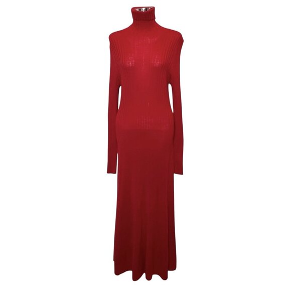 Lafayette 148 Women 100% Merino Wool Maxi Dress Large Red Stretch Turtle Neck - Picture 1 of 9